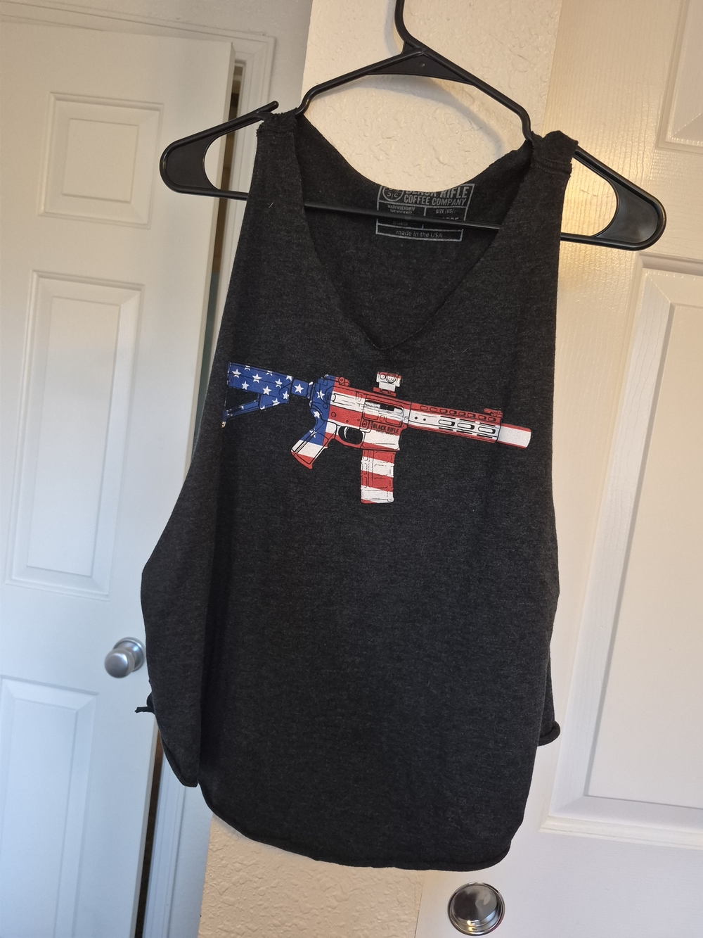 Coffee or Die Co. Women's Charcoal Tank with American Flag Graphic
